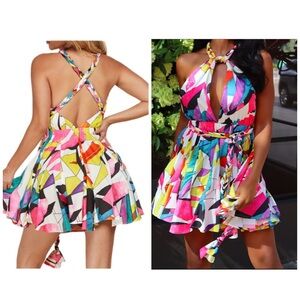 LATISTE Halter Multi Color Geometric Open Back Skater Mini Festival Dress Small